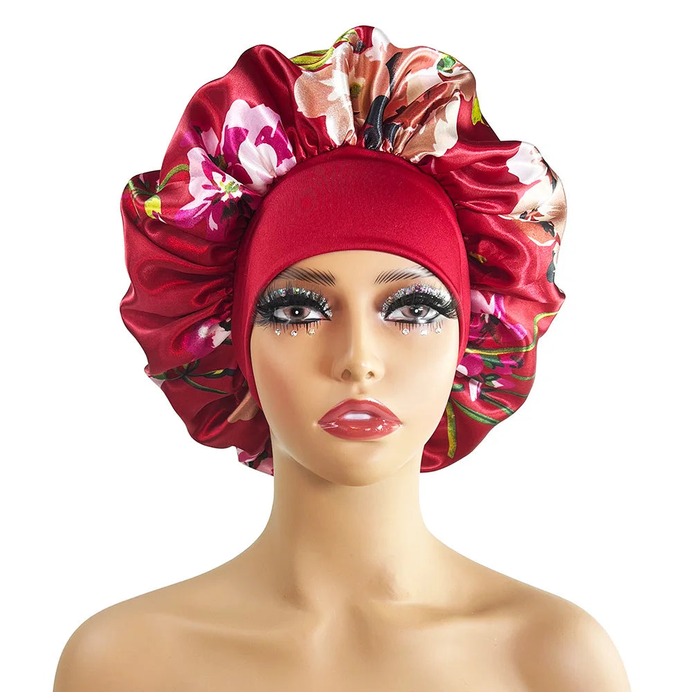 Large Satin Bonnet for Women - Flower Print Silk Sleep Cap with Elastic Band for Braids, Curly & High-Density Hair
