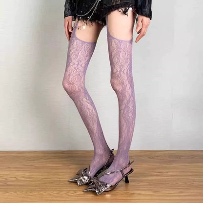 Lolita Punk Style Floral Thigh High Tights for Women, Sheer Colorful Fishnet Suspender Stockings with Garter Belt Pantyhose