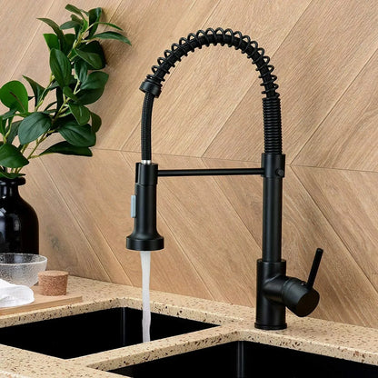 Matte Black Kitchen Sink Faucet - One Handle Spring Hot & Cold Water Tap, Deck Mounted Bathroom & Kitchen Mixer Tap