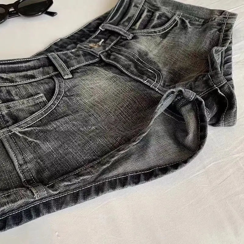 Vintage Women’s Denim Shorts – Low Waist Elastic Skinny Black & Grey Washed Summer Hot Jeans