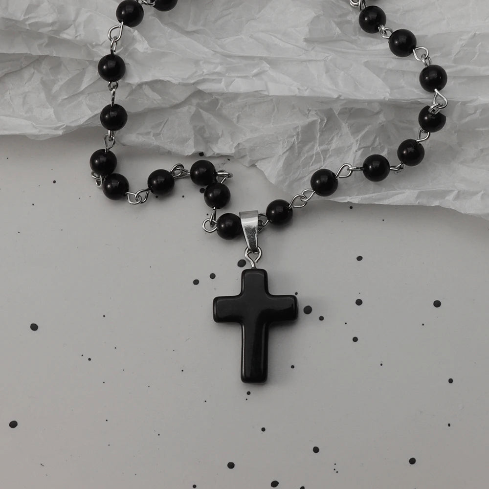Gothic Bat Cross Necklace Set - Y2K Thorn Love Black Beaded Layered Jewelry for Halloween Parties