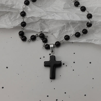 Gothic Bat Cross Necklace Set - Y2K Thorn Love Black Beaded Layered Jewelry for Halloween Parties