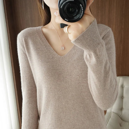 New Women’s Cashmere V-Neck Pullover – Lace Hollow Out Long Sleeve Knitted Sweater for Fall & Winter