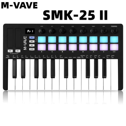 M-VAVE SMK-25 II MIDI Pad Controller Keyboard – 25 Key USB Mini, 16 RGB Drum Pads, 8 Knobs, Music Production Software Included