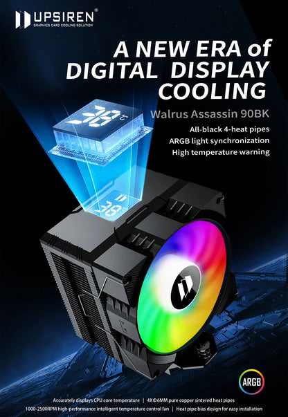 UPSIREN Walrus Assassin 90 CPU Cooler — 4 Heatpipe Air Cooler with 92mm Fan & Digital Display for Intel LGA1700/1200 & AMD AM4/AM5