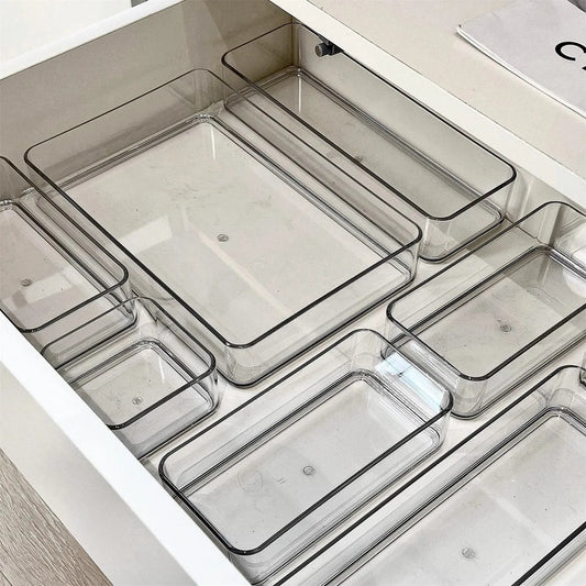 4PCS Clear Plastic Desk & Drawer Organizers – Makeup Storage Boxes for Office & Bathroom