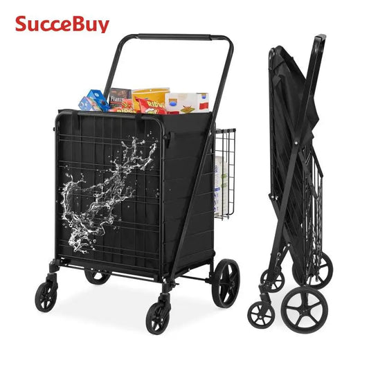 SucceBuy Folding Shopping Cart with Removable Waterproof Liner — Large Capacity 106/330LBS, 360° Swivel Wheels, Metal Mesh Base