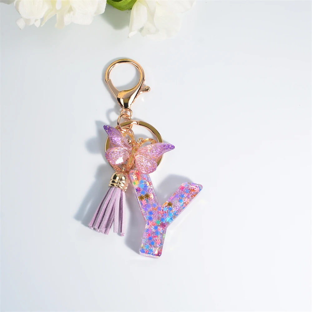 A-Z Sequin Initial Keychain - Dreamy Butterfly Tassel Pendant Bag & Purse Charm for Women