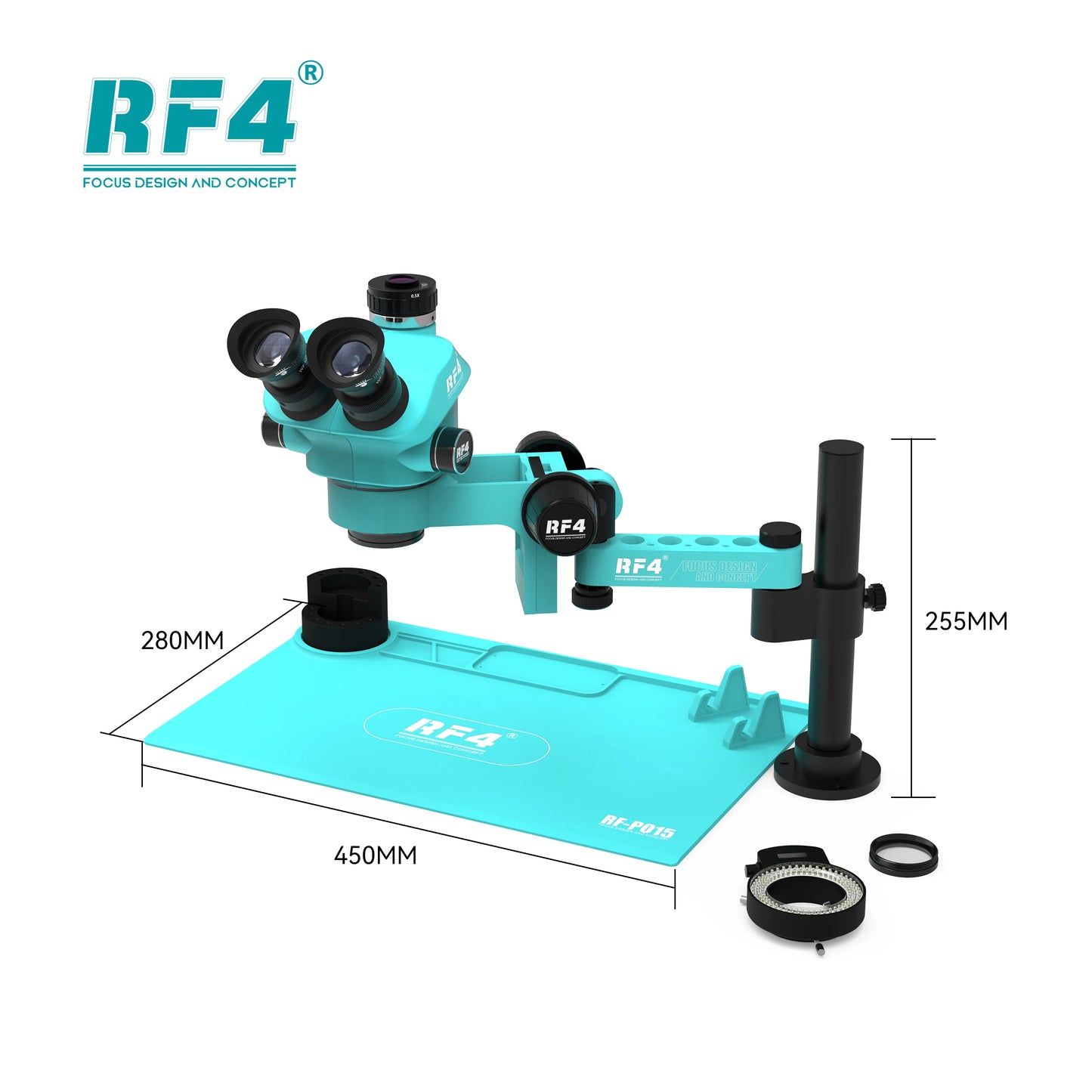 RF4 Trinocular Stereo Microscope Set – 360° Rotation Articulating Arm Stand, Phone Soldering & PCB Repair, Model RF7050TVPRO-F019