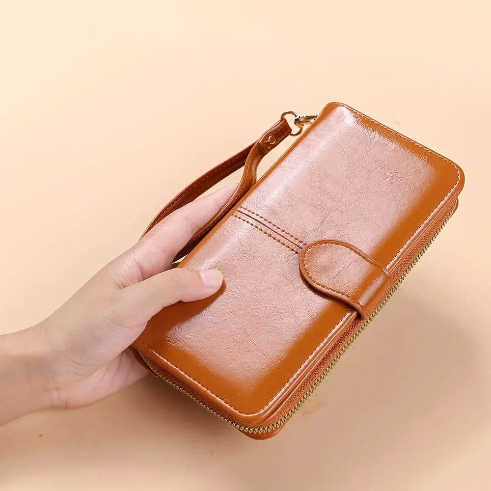 Women’s Vintage PU Leather Clutch Wallet — Large Capacity Phone Purse with Wristband, Simple Card Holder Pouch Bag