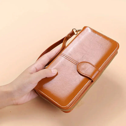 Women’s Vintage PU Leather Clutch Wallet — Large Capacity Phone Purse with Wristband, Simple Card Holder Pouch Bag