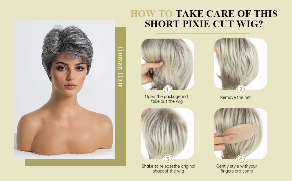 Short Pixie Cut Grey Human Hair Wig – 8 Inch Layered Fashion Wig for Women, Daily Use, Machine Made