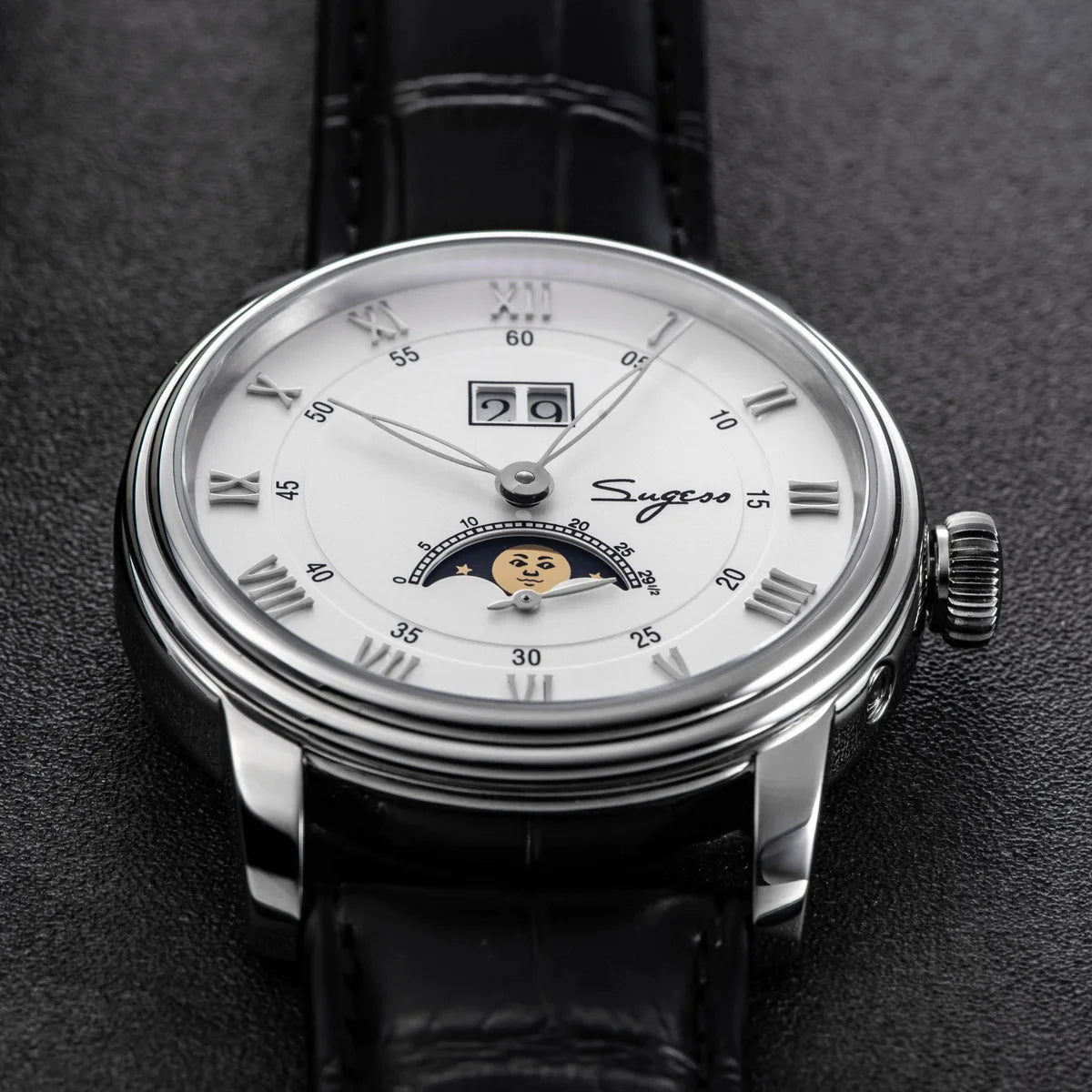 Sugess Moonphase Men’s Automatic Mechanical Watch — 40MM Stainless Steel with Seagull ST2528 Movement and Blue Sandstone Dial