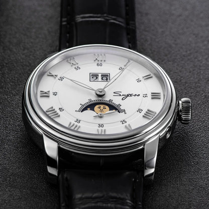 Sugess Moonphase Men’s Automatic Mechanical Watch — 40MM Stainless Steel with Seagull ST2528 Movement and Blue Sandstone Dial