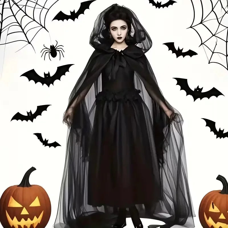 Black Witch & Vampire Cosplay Cloak - Double-Layer Bridal Shawl for Halloween Costumes, Parties, and Dress-Up Events