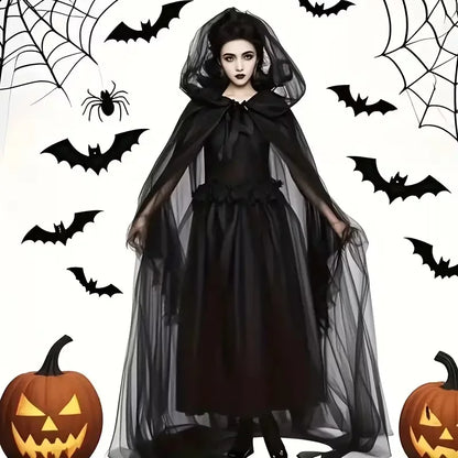 Black Witch & Vampire Cosplay Cloak - Double-Layer Bridal Shawl for Halloween Costumes, Parties, and Dress-Up Events