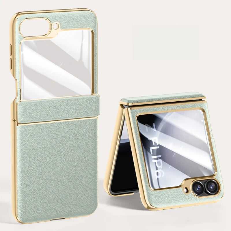 Electroplated Leather Case for Samsung Galaxy Z Flip 6/5 – Skin-Friendly Shockproof Hinge Cover with Tempered Film
