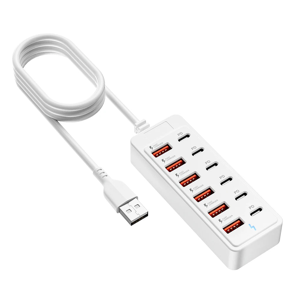 12-in-1 Power Strip & USB Charger Station — Multi-Port Wall/Desktop Adapter with USB-C Fast Charging for iPhone & Samsung