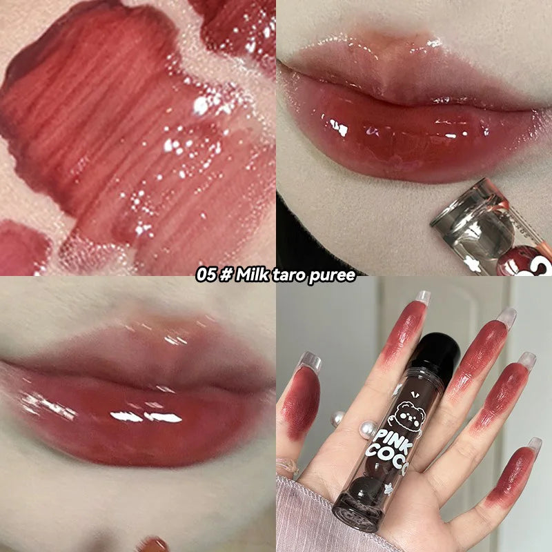 PINKCOCO Bear Doodle Mirror Lip Glaze – Long-Lasting Shiny Nude Lip Gloss, Skin-Brightening Student-Friendly Lipstick