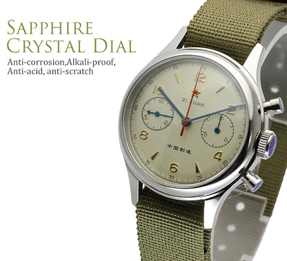 RED STAR 1963 Men's Chronograph Watch - 38mm Pilot Design with Seagull ST1901 Movement & Sapphire Glass