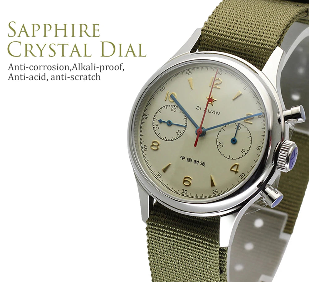 RED STAR 38mm Men's 1963 Chronograph Mechanical Watch – Pilot Air Force Aviation with Seagull ST1901 Movement & Sapphire Glass