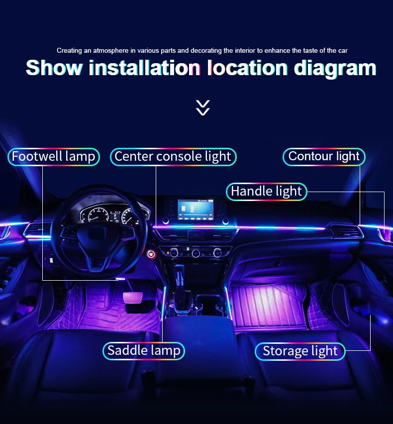 6/10/14/18-in-1 LED Car Ambient Lights – RGB 213 64-Color Acrylic Strips, Rainbow Symphony Streamer Interior Atmosphere Lamp Kit