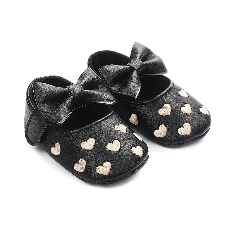 Baby Girls Shoes - Classic Dress Style with Cute Bow-Knot Heart, Anti-Slip Soft Sole First Walkers for Infants 0-18m