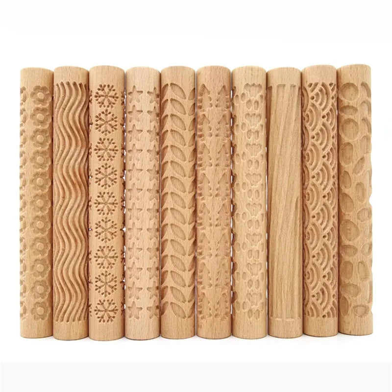 3D Embossed Pottery Rolling Pin - Wooden Hand Pressure Roller for Baking, Pie, and Cookie Making, Handmade Kitchen Tools