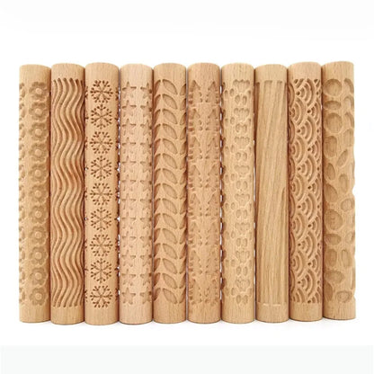 3D Embossed Pottery Rolling Pin - Wooden Hand Pressure Roller for Baking, Pie, and Cookie Making, Handmade Kitchen Tools