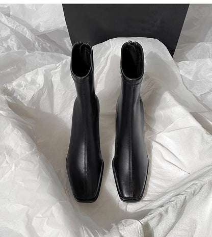 Vintage Warm Cotton Women’s Ankle Boots – Fashionable Square Toe, Elegant Autumn & Winter Short Booties with Thick Heel