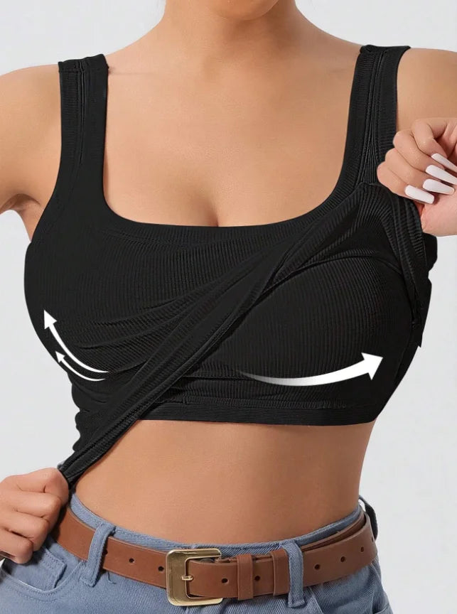 Women's Ribbed One-Piece Tank Top - Built-In Bra Square Neck Slim Fit Summer Bodysuit