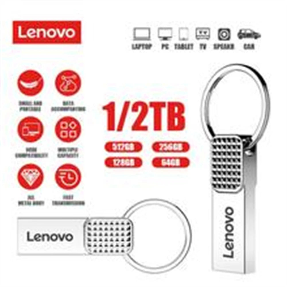Lenovo 128GB Metal USB Flash Drive - 2TB Portable USB 3.0 Pendrive with High-Speed Transfer and Waterproof Design