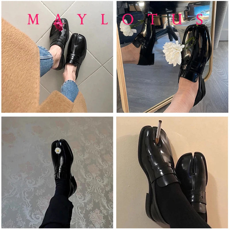 Women’s Black Tabi Shoes — Split Toe Flats with Thin Sole, Casual Loafers, Fashionable Footwear