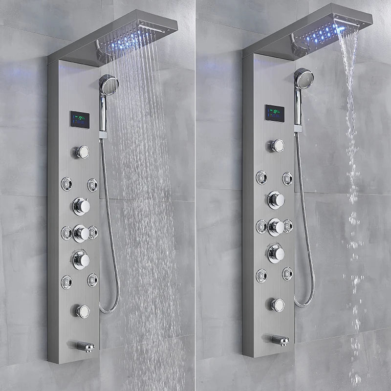 LED Light Bathroom Shower Faucet Set - Rainfall Shower Panel System with Temperature Display, Water Mixer Tap, and SPA Massage Feature