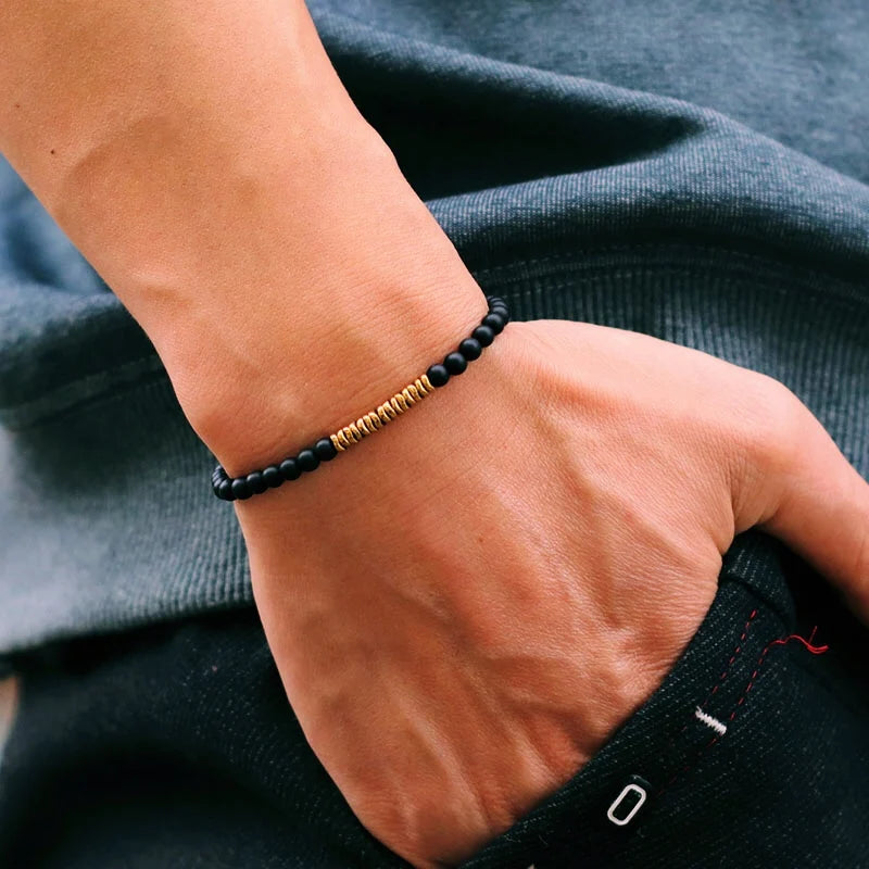 4mm Antique Gold Hematite Stone Bracelet for Men — Natural Wooden Beaded Meditation Bracelet Pulsera Brazalete