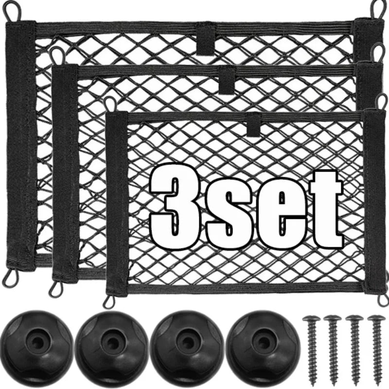 Car Storage Net Bag Organizer with Screws – Elastic Mesh Cargo Pocket Holder for Auto, Rear Trunk & Boat Storage