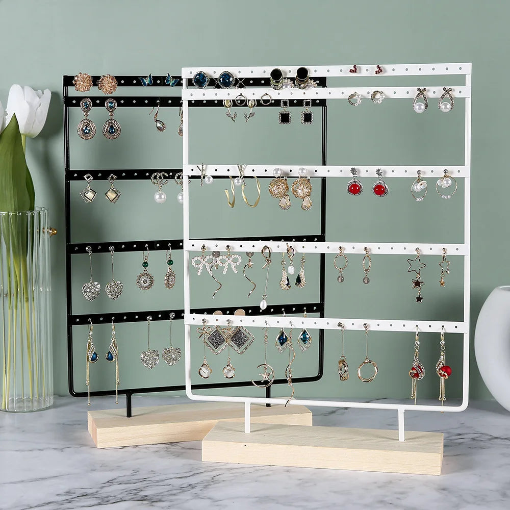 5-Tier Earring Display Stand - 100 Holes Metal Jewelry Organizer with Wooden Base Storage Rack