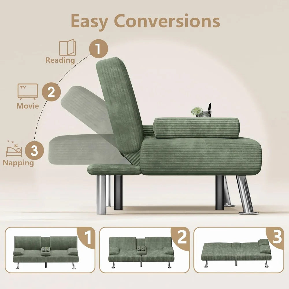 Modern Corduroy Futon Sofa Bed with Cup Holders & Removable Armrests – Folding Recliner Lounge, Green