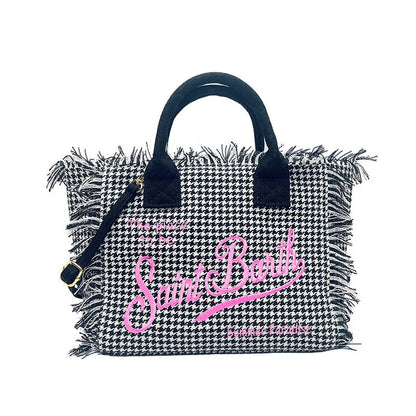 SAINT BARTH Houndstooth Crossbody Bag – Small Cotton Linen Handmade Tote with Tassels for Women