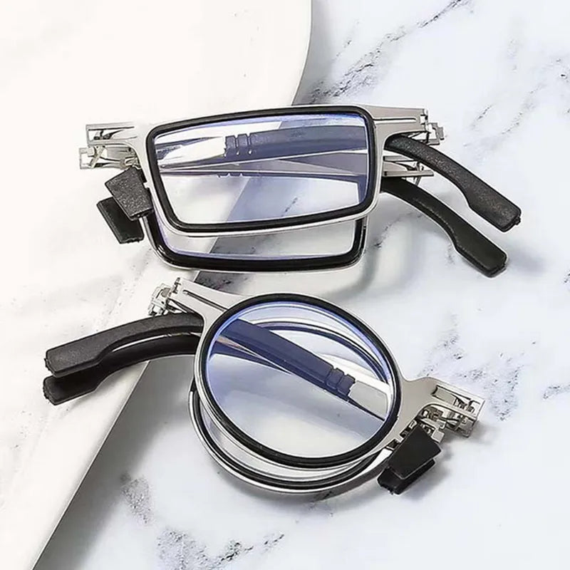 Portable Smart Folding Reading Glasses: Blue Light Blocking Metal Eyeglasses for Men - Round and Square Frames, Diopters for Presbyopia
