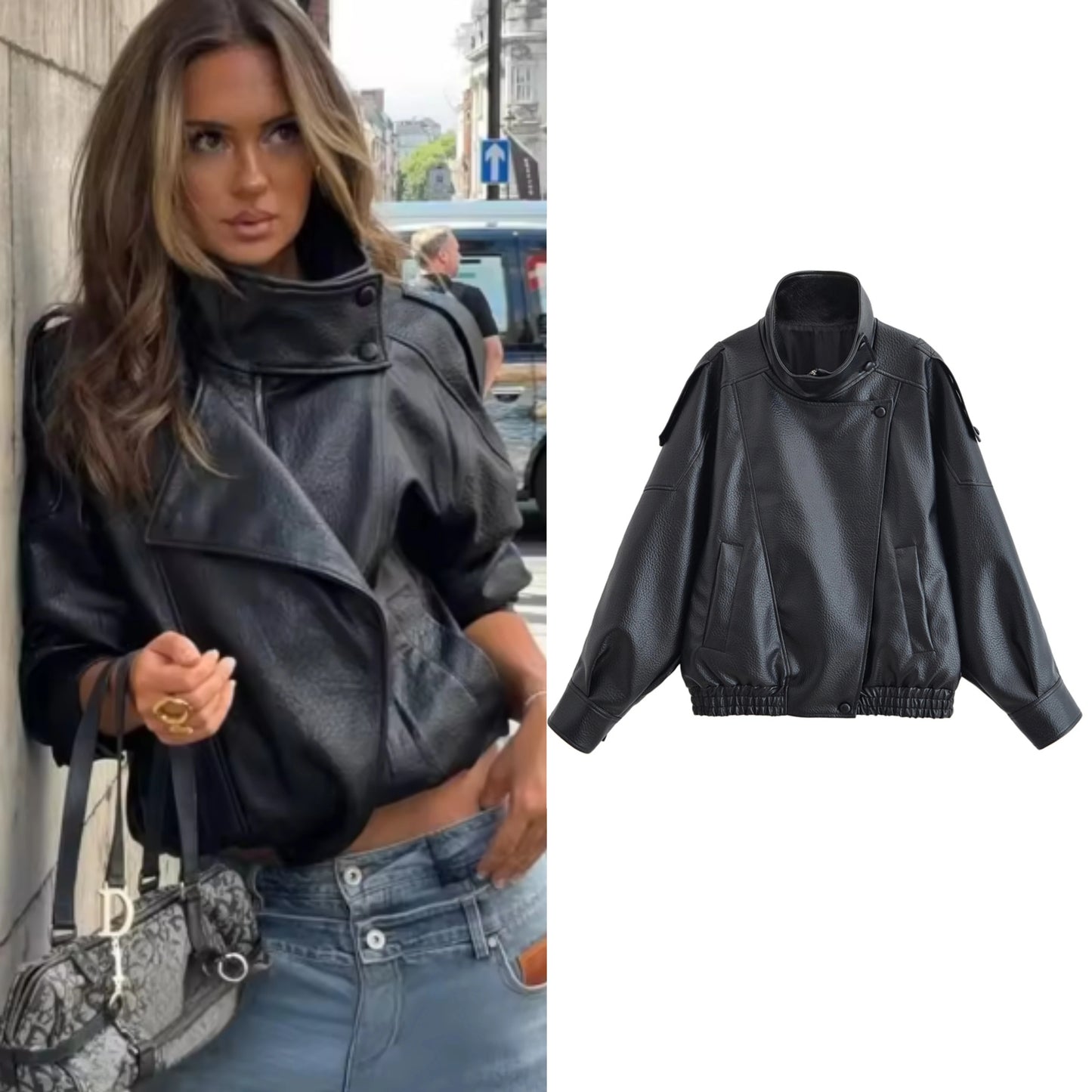 Women's Faux Leather Motorcycle Jacket - 2026 Autumn Black Long Sleeve Fashion Outerwear