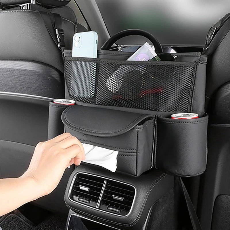 Car Seat Middle Storage Bag – PU Leather Auto Armrest Handbag Holder with Water Cup, Phone & Tissue Pockets, Universal Seat Hanger
