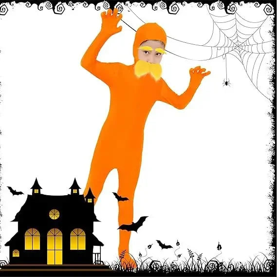 Halloween Orange Jumpsuit Costume - Funny Moustache & Eyebrow Masquerade Outfit for Kids & Adults