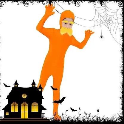 Halloween Orange Jumpsuit Costume - Funny Moustache & Eyebrow Masquerade Outfit for Kids & Adults