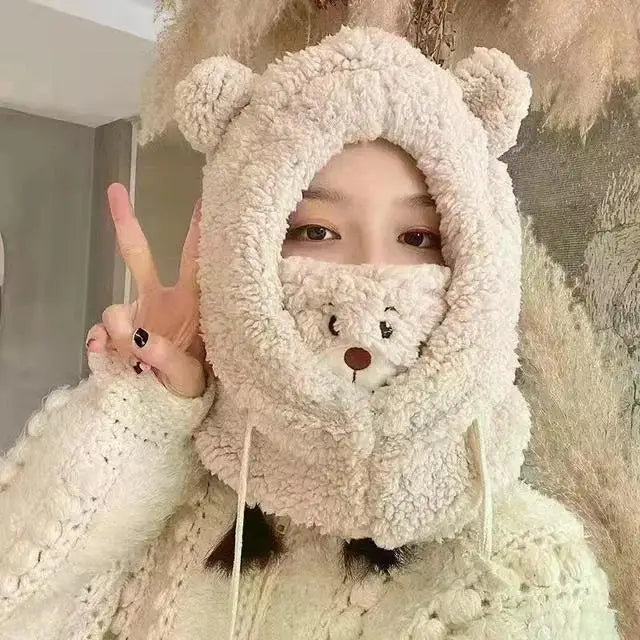 Winter Cartoon Bear Lamb Hat with Mask – Thickened Warm Beanie with Ear Protection for Women & Girls