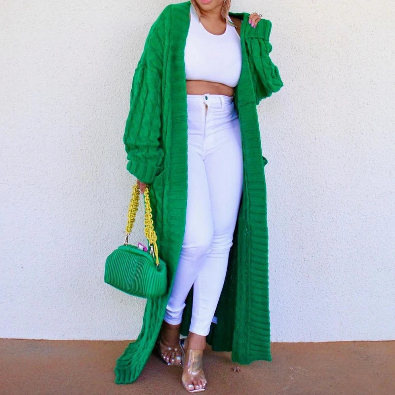 Knit Cardigan for Women – Long Green Crochet Jacket, Loose Long Sleeve Autumn/Spring Winter Sweater, 2023 Warm Jumper Coat