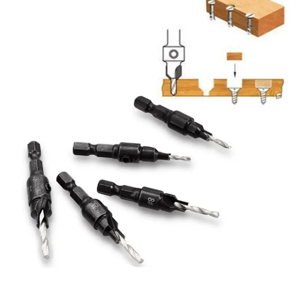 5PCS Woodworking Countersink Drill Bit Set – One-Piece Hex Handle Twist Drill with Chamfering Tool