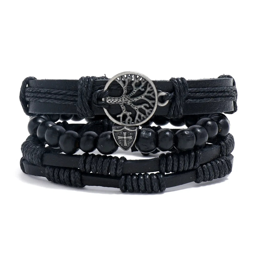 4Pcs Men's Braided Leather Bracelets Set – Vintage Life Tree & Rudder Charms, Wood Beads, Ethnic Tribal Wristbands