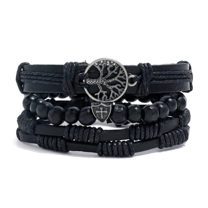 4Pcs Men's Braided Leather Bracelets Set – Vintage Life Tree & Rudder Charms, Wood Beads, Ethnic Tribal Wristbands