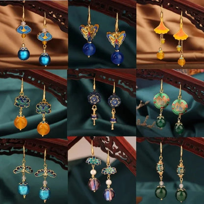 Vintage Flower Drop Earrings - Natural Stone Ethnic Jewelry for Women